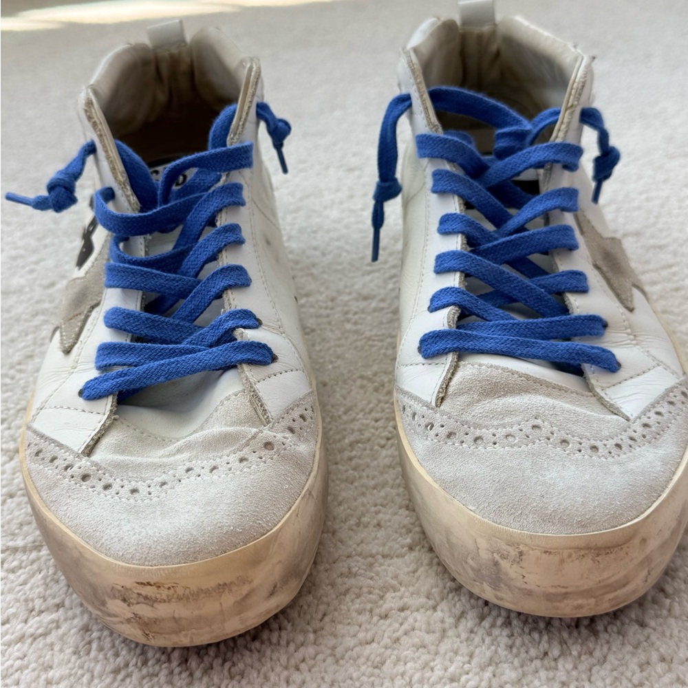 Golden Goose Mid Star White Leather Sneakers with Blue Laces sz 41 - Picture 2 of 5